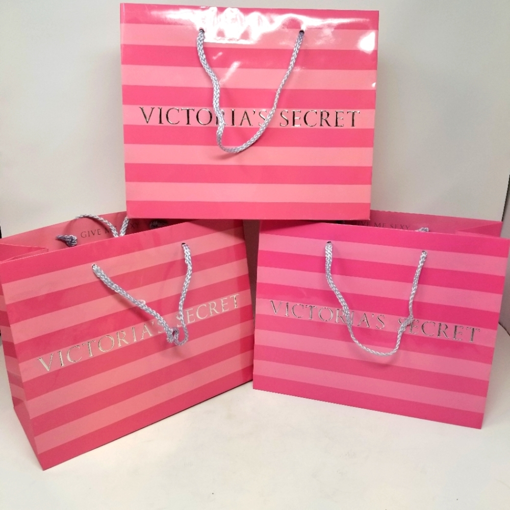 Victoria's Secret Set / 3 Paper Shopping Bags Medium Pink Silver‎ Good